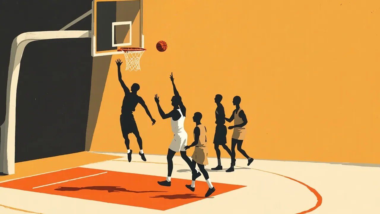 Silhouettes plates sans visage se disputant un tir en suspension au panier sur un parquet, illustrant un duel de présaison entre deux grands pivots.