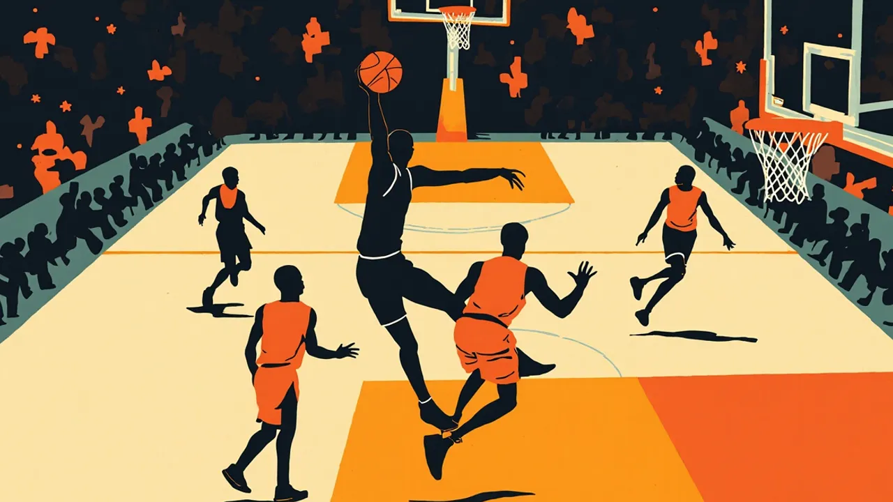 Flat faceless silhouettes under a hoop: a tall interior player tips a basketball over a leaping defender on a court during a preseason game.