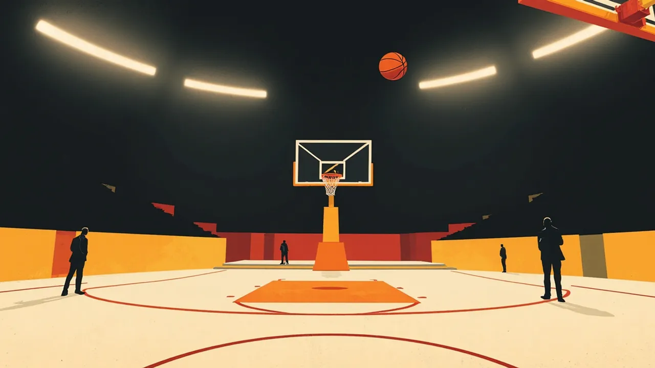 View from behind a basketball hoop looking down an empty indoor court where two faceless silhouettes practice passing with a single ball between them.