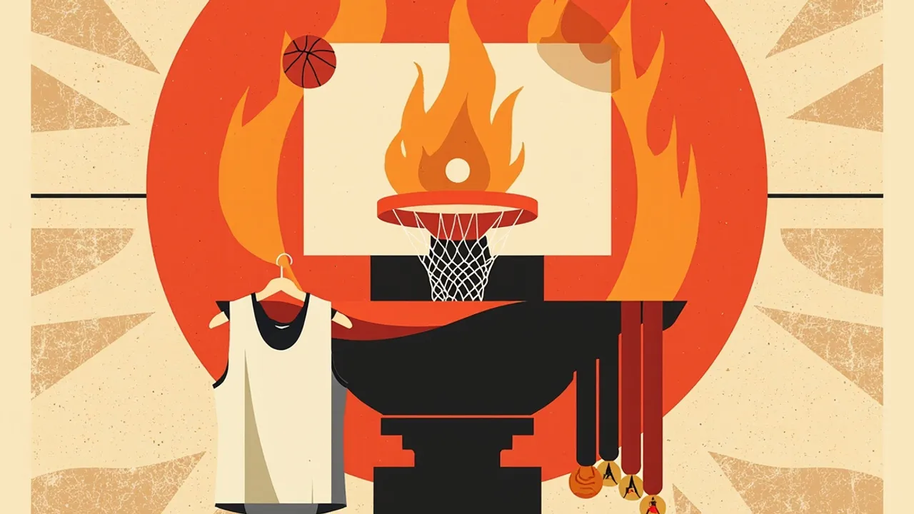 A flat geometric emblem of a flaming cauldron framed by a basketball hoop, with a plain white jersey and a gold medal hanging on its supports over a patterned background.