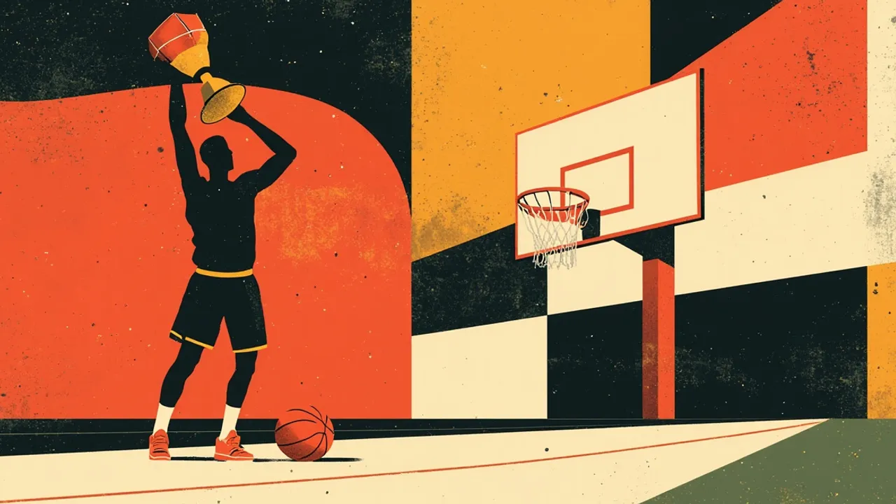 A centre wey hide im face dey lift championship trophy beside one basketball hoop, as im stand for background wey get plenty pattern.