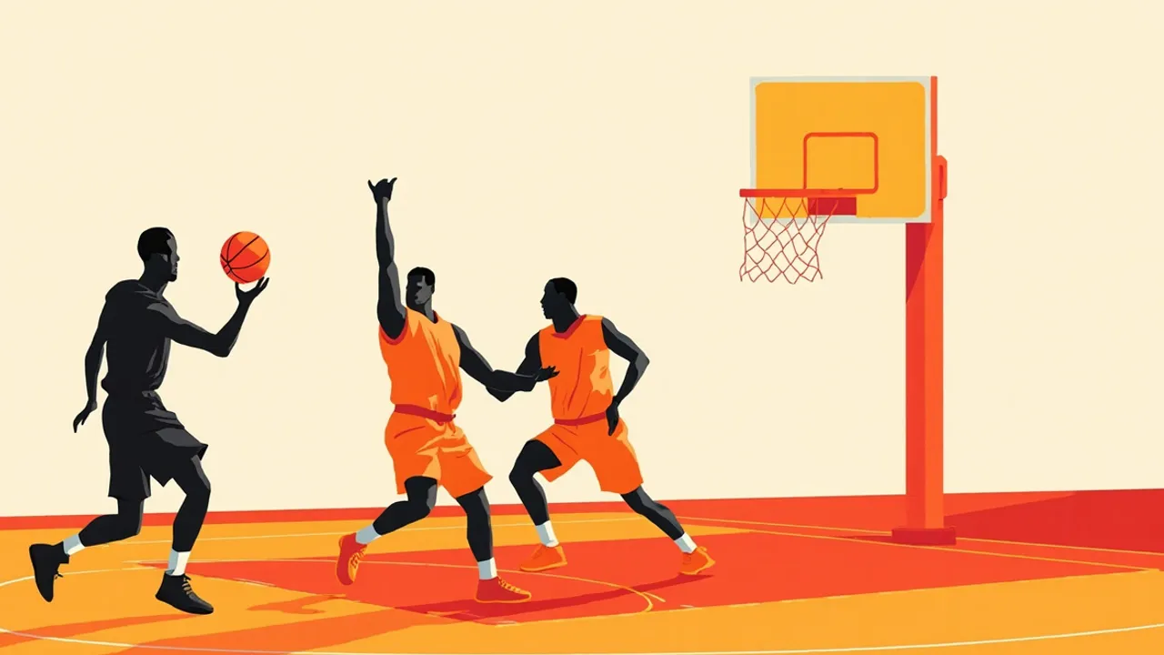 Des silhouettes jouent au basket-ball sur un terrain extérieur tandis que des piles de baskets offertes débordent de cartons sur le côté du terrain.