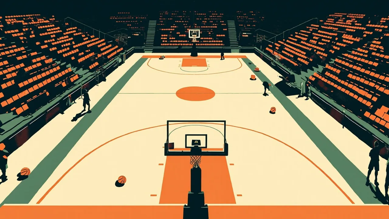 Wide view of packed indoor basketball arena show two small players near midcourt, big hoop for foreground, and one ball for court.