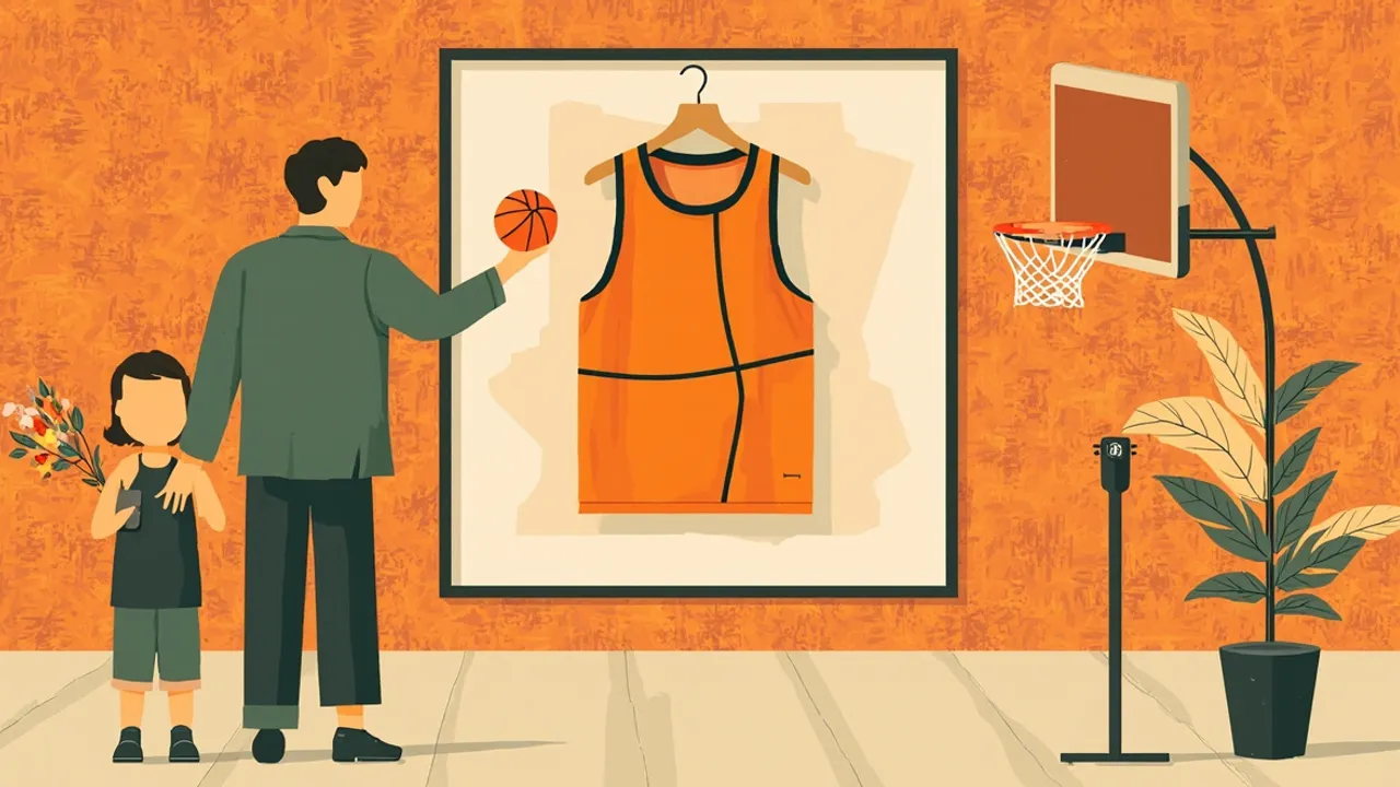 A faceless silhouette of a tall figure stands beside a framed basketball jersey on a hanger, with a child beside them, against an ochre and green geometric pattern.