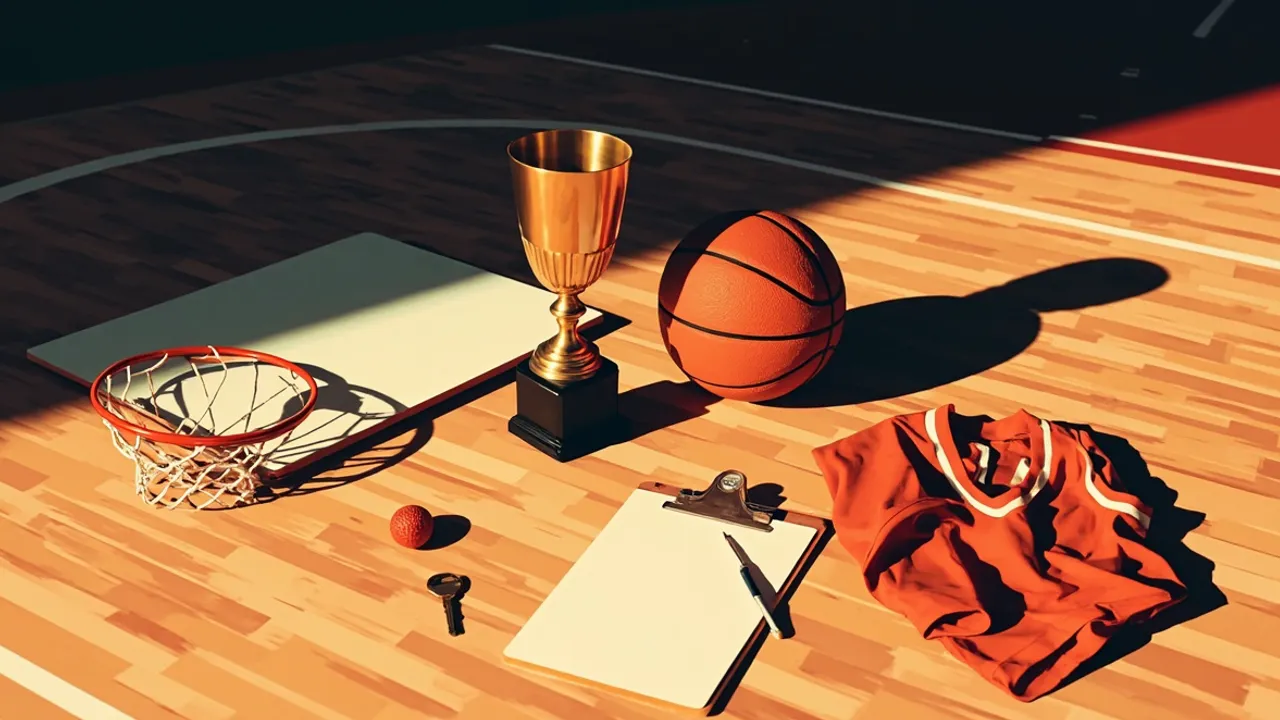 Nature morte avec un trophée appuyé contre un ballon dégonflé, un maillot plié et une planche à clip fermée sur un parquet de basket vide et ombragé.