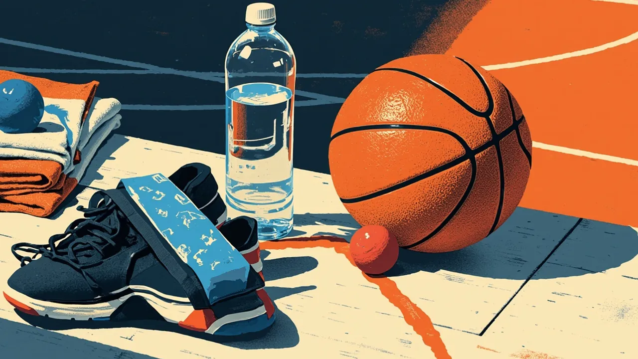 A still life pairs a basketball with a cooling pack on a sneaker, towels, and water to suggest injury rehabilitation.
