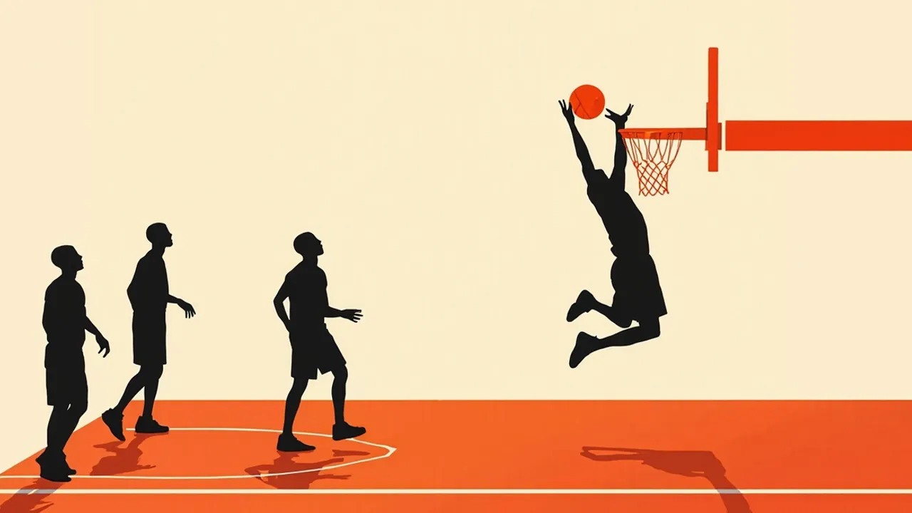 Silhouetted players for basketball court, one tall centre about to dunk di ball through di hoop.