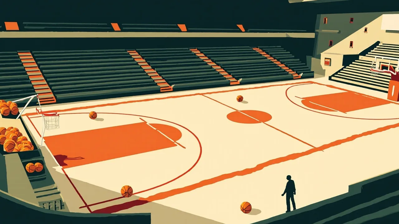 Low-angle view from beneath a hoop inside a lit indoor arena, where faceless silhouettes train on a polished court beneath steel roof trusses.