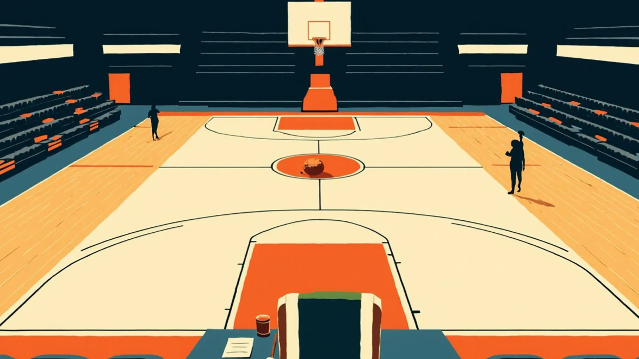 An empty indoor basketball court with a wooden gavel and ballot on the scorer's table and a green-and-white draped chair, symbolising a basketball federation's new leadership.