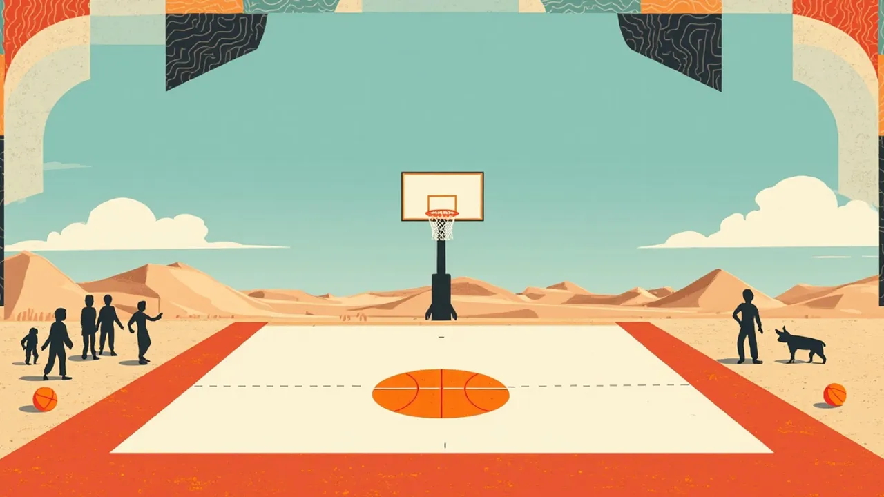 A newly built basketball court on open land, white lines, a single hoop with net, framed by patterned bands, with silhouetted workers and young players gathered around.