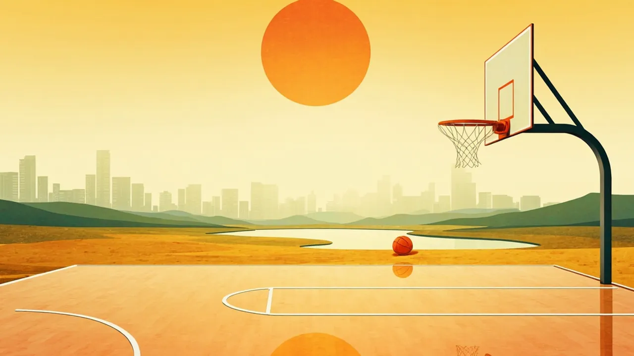 Paysage stylisé de savane où un terrain de basketball poli remplit la vallée sous un ballon de basket se levant comme un soleil bas au-dessus d'une ligne d'horizon lointaine, avec un maillet et des bulletins de vote sur une table près du panier.