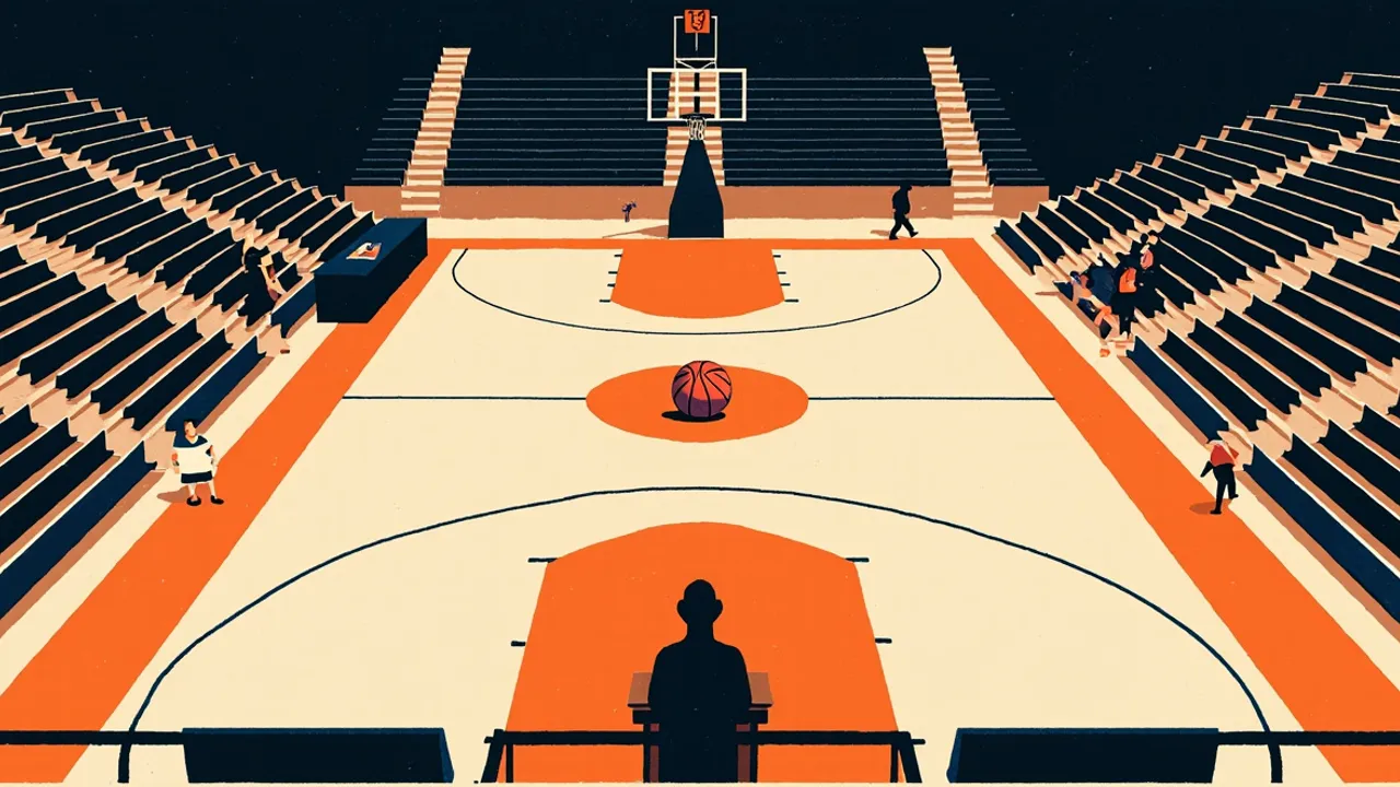 Bird's-eye view of an empty indoor basketball court where one faceless silhouette stands at a lectern beside a single basketball on the hardwood, framed by vacant arena seats.