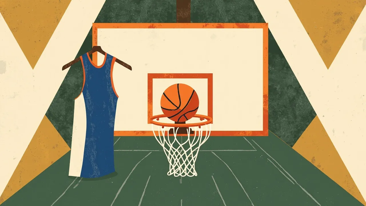 An emblem of a basketball hoop, ball and a jersey on a hanger over a geometric green-white-gold pattern, symbolising a federation rebuild plan.