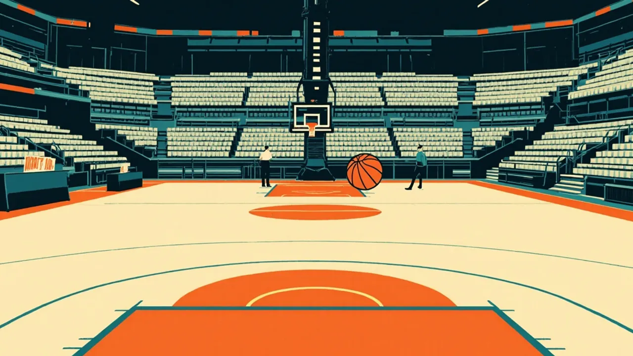 Indoor basketball arena from behind the baseline, with a gavel and ballots on the scorer's table suggesting a federation election.