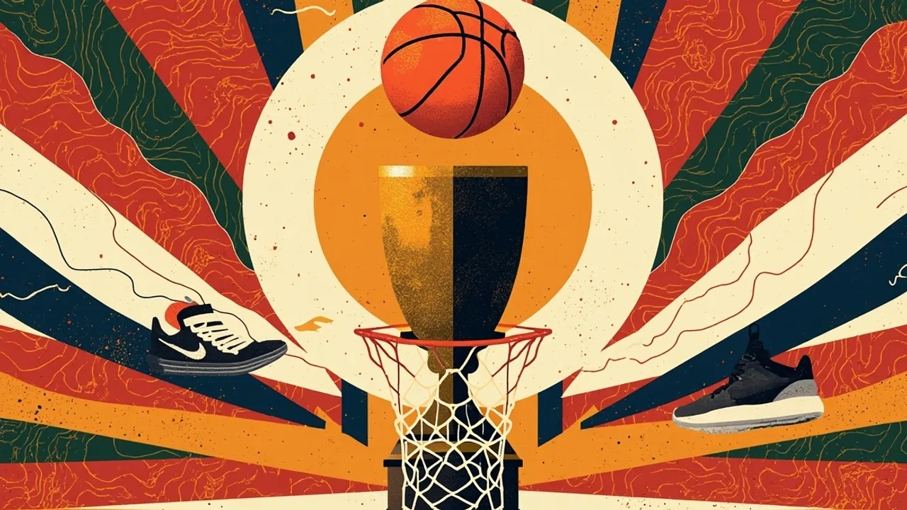 A gold-and-black trophy sits beneath a basketball dropping through a hoop, surrounded by bold textile-like geometric patterns.