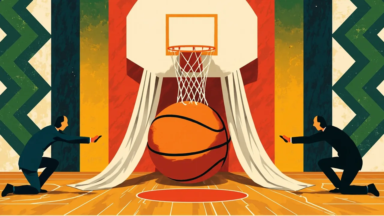 A green-yellow-red national flag draped over a basketball beneath a hoop, framed by a bold geometric pattern, symbolizing a federation's backing for its champion club.