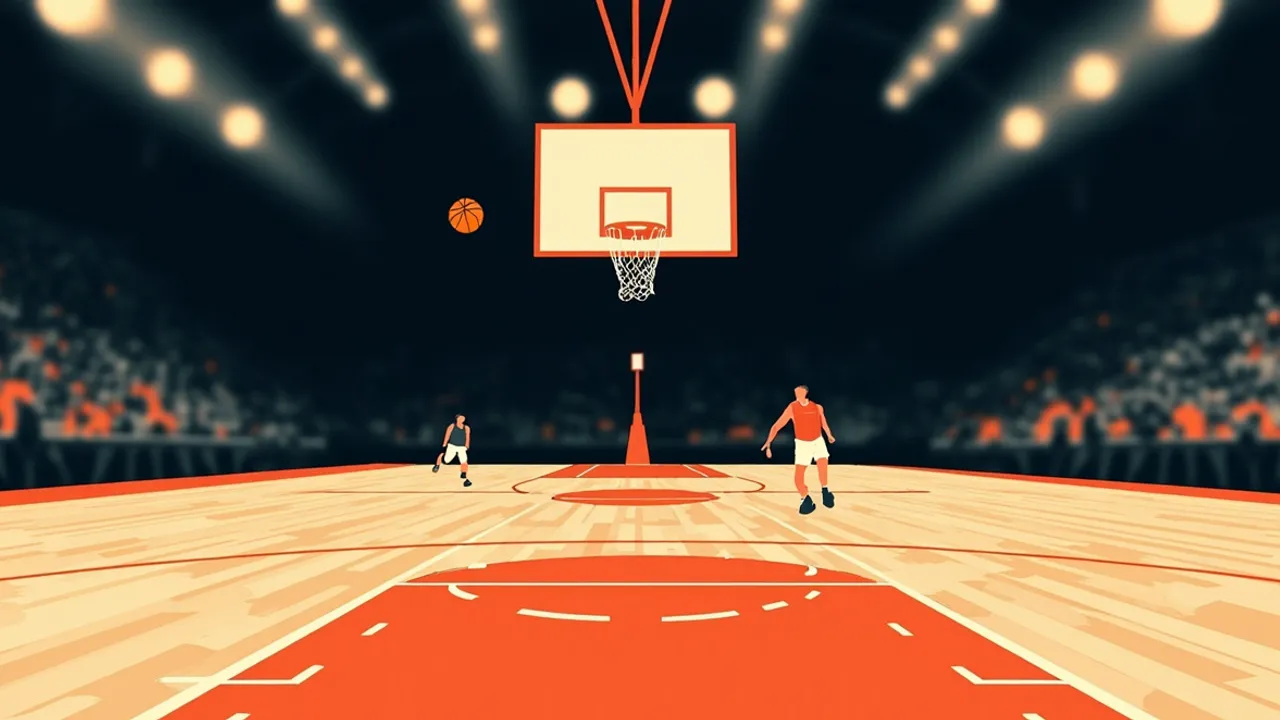 Vue en contre-plongée depuis sous un panier de basket à l'intérieur d'un gymnase bondé, deux joueurs sans visage bondissant vers le cercle avec un ballon, les lignes du terrain s'éloignant derrière eux.