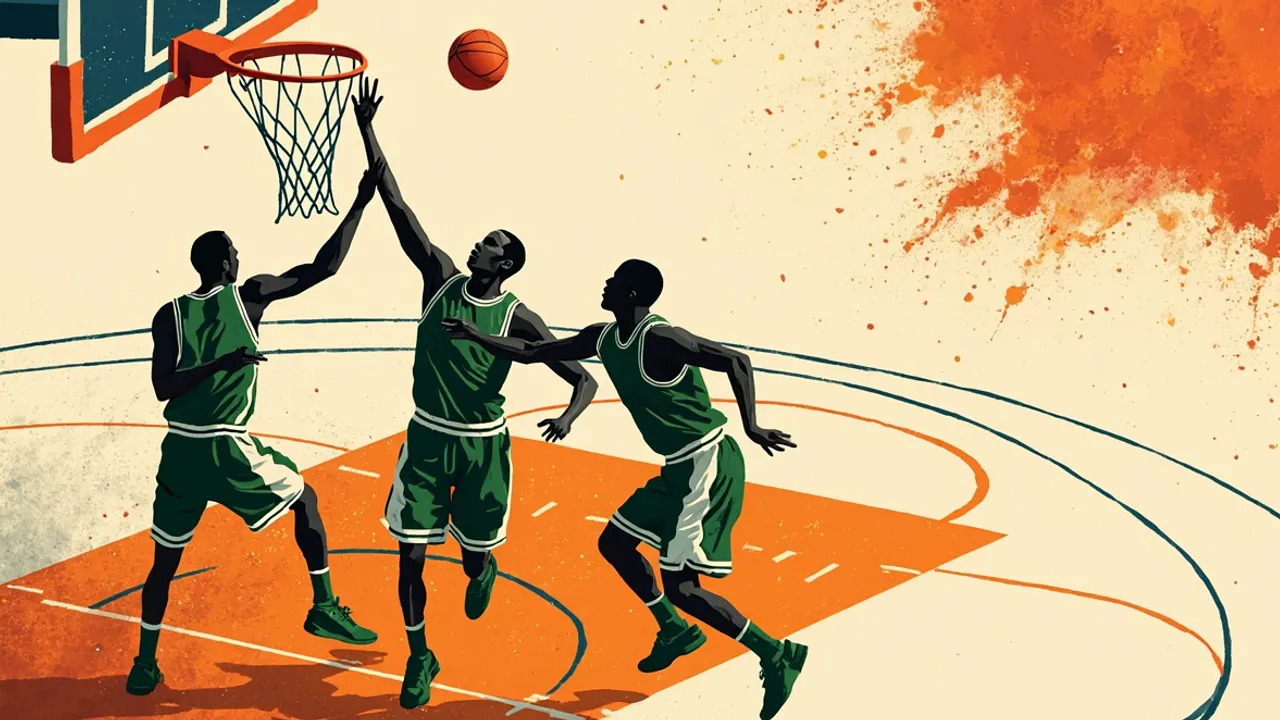Silhouette bapa juu ya uwanja wa mpira wa kikapu, mchezaji anayetupa mpira kwenye kikapu wakati wa wakati muhimu wa michuano ya playoff.