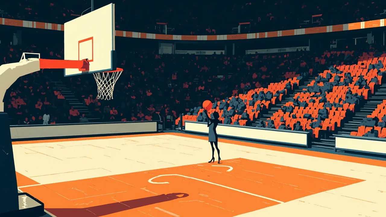 Low-angle view of an indoor arena toward the hoop, with a faceless player holding a basketball on the court and a crowd filling the stands.