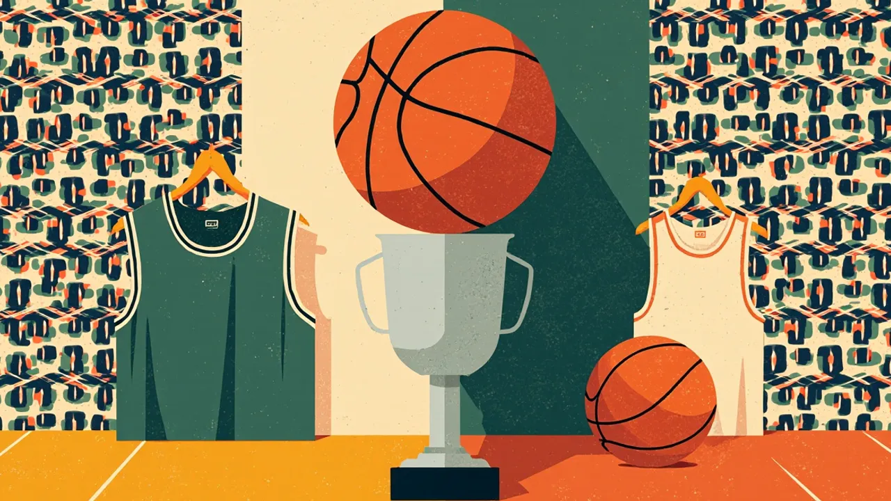 A bold central silver trophy topped with a basketball, beside a green-and-white jersey on a hanger, against an African geometric pattern.