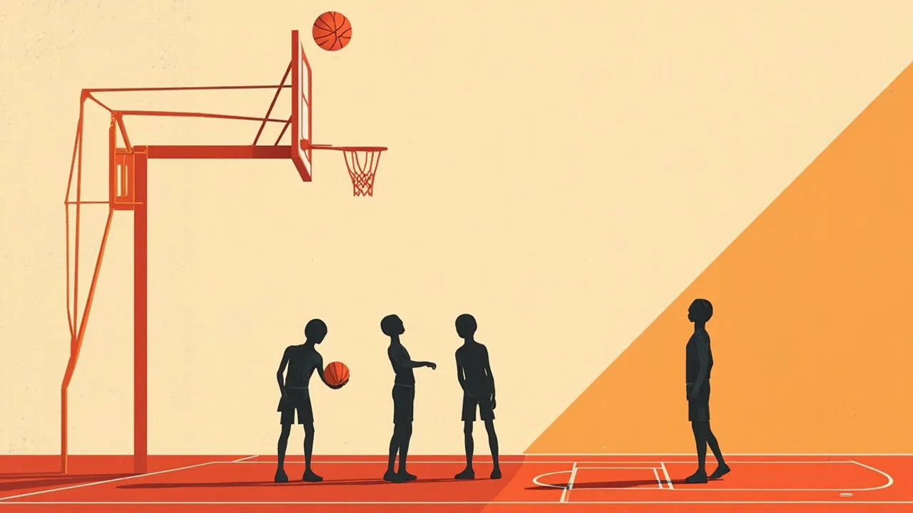 Flat silhouettes run a free-throw drill on an indoor basketball court, one player releasing the ball toward a lit hoop.
