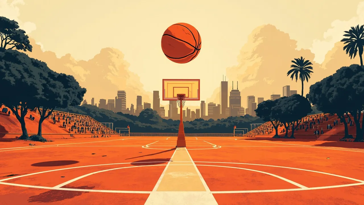 Stilised landscape of an inland African city with a basketball court built into red earth and a ball rising like a sun over the arena.