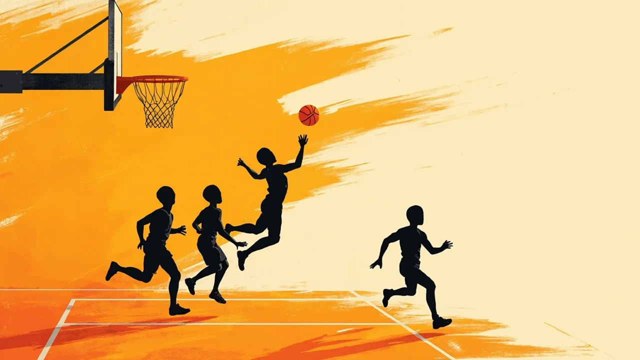 Des joueurs sans visage disputent une lay-up en contre-attaque sous un panier, sur un terrain intérieur aux lignes vivement colorées.