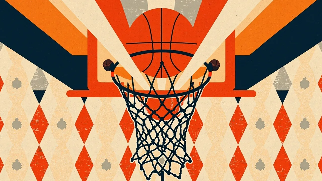 Un ballon de basket traverse un panier au milieu de motifs géométriques audacieux, symbolisant une victoire intérieure de basket dominante.