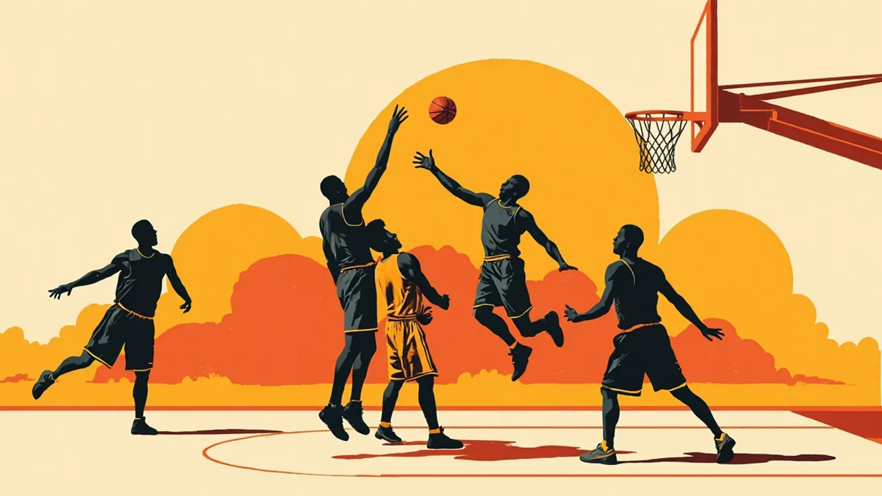 Flat silhouettes dey battle for rebound under di hoop for empty indoor basketball court, capturing di tip-off moment of qualifier tournament.
