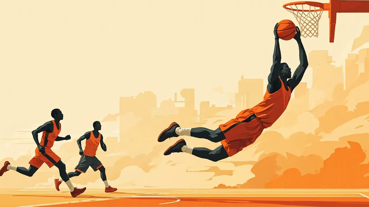 Trois joueurs sans visage pénètrent et dunkent sur un terrain intérieur lors d'un match de qualification de basketball.
