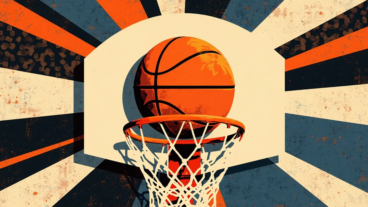 A basketball drives through a hoop in a bold geometric composition with a deep orange, black, and cream patterned background.