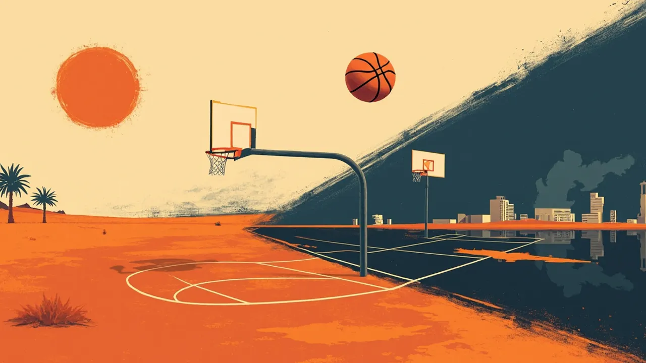 Stylised landscape splitting African savanna into a desert coastal city, with two basketball courts and one orange ball arcing between the hoops.