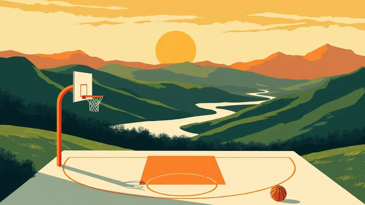 Stylised landscape for dusk wit new outdoor basketball court wey dem build inside green hills near river, one hoop and net for one end and basketball dey ontop court.