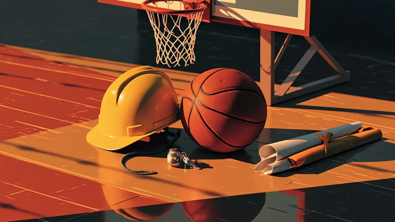 A still life of a basketball, yellow hard hat, silver whistle and rolled architectural plan on a wooden floor beside a new hoop and net.