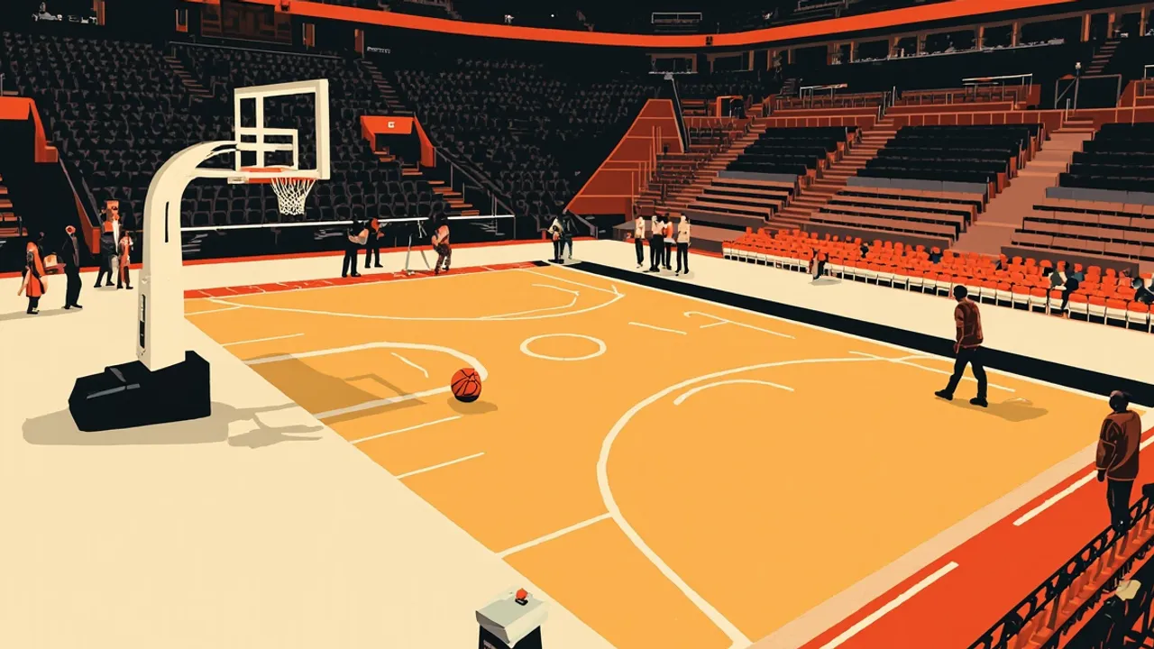 An overhead view of an indoor arena with a trophy and a basketball on the court, surrounded by children and community members at a finals event.