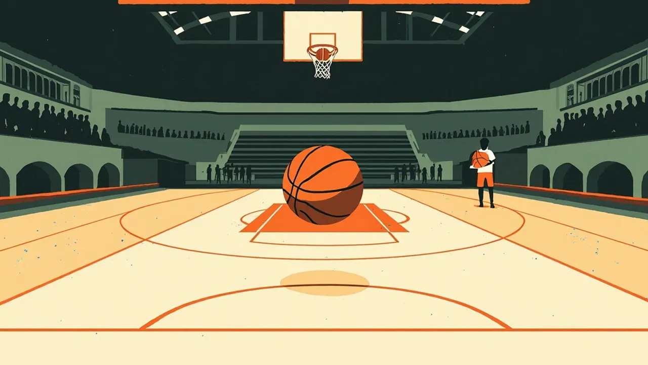 Wide view from the stands of an indoor basketball pavilion with two hoops, a single ball at center court, and a youth clinic in progress along the sideline.