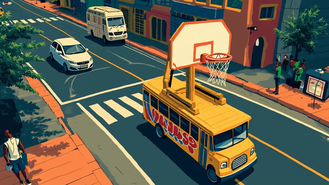 A street-level view of a colourfully wrapped minibus decorated with basketball court lines and a hoop on its side, its sliding door open to reveal a pop-up basketball kiosk.