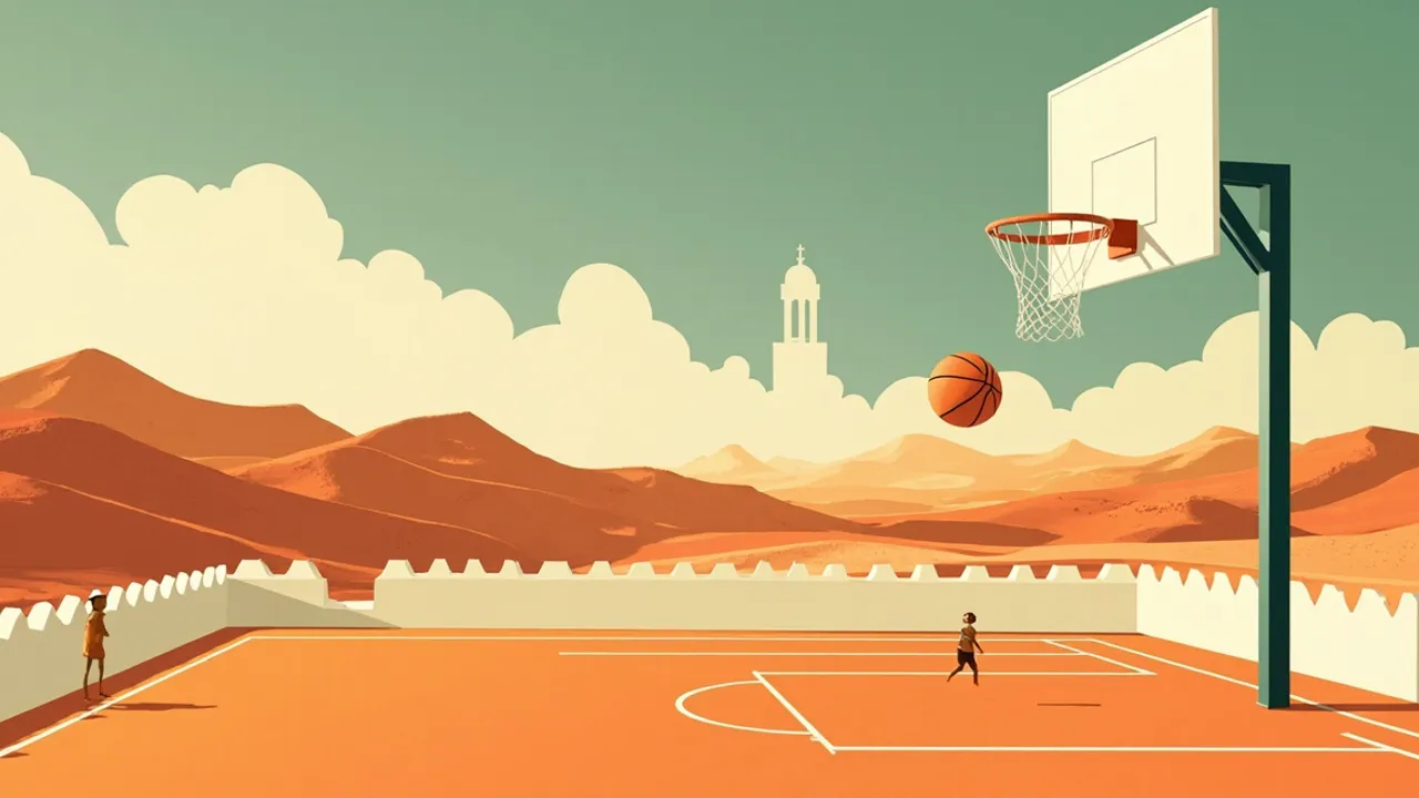Paysage nord-africain stylisé avec un terrain de basketball en plein air intégré à des collines ocre, un panier à l'extrémité et des enfants en train de jouer.