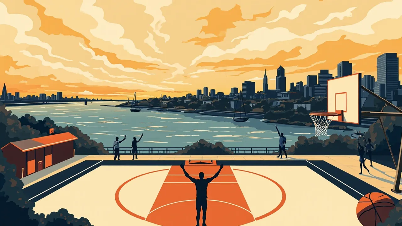 Graphic illustration of a basketball scene