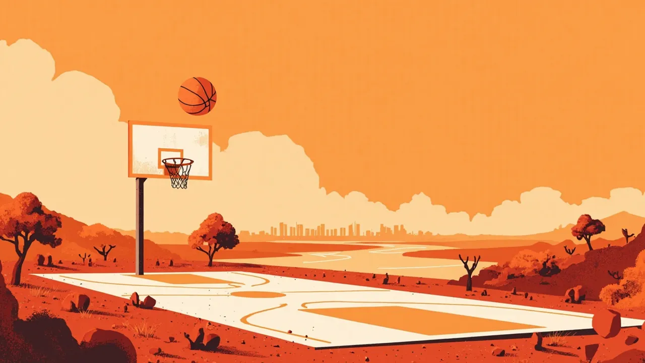 A stylised African landscape with a brand-new outdoor basketball court in the foreground, a hoop and net at the far end, and a distant riverside city skyline under an ochre sky.
