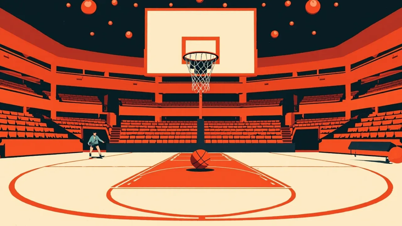 Un ballon de basket-ball est suspendu sous un panier au premier plan, au-dessus d’un forum circulaire vide dans une immense arène.