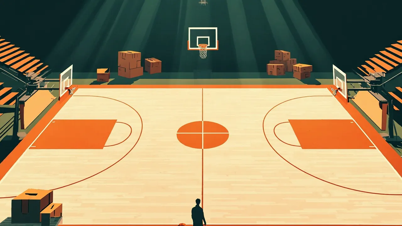 Un gymnase intérieur de basketball vide vu depuis les tribunes, où l'on aperçoit la silhouette d'un entraîneur debout près de cartons de déménagement empilés et un panier abaissé au fond.