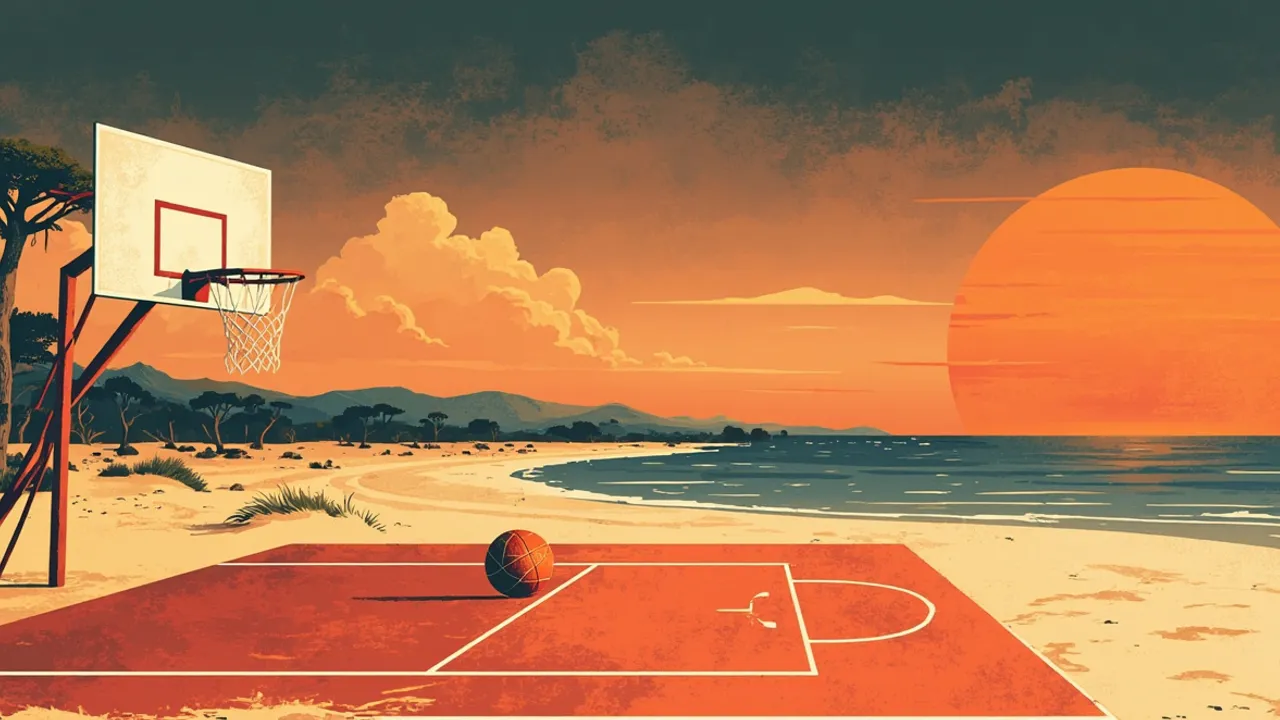 Un terrain de basket vide au bord d'une côte africaine au crépuscule, un soleil en forme de ballon, un filet affaissé et un ballon dégonflé, symbolisant une académie de formation fermée.