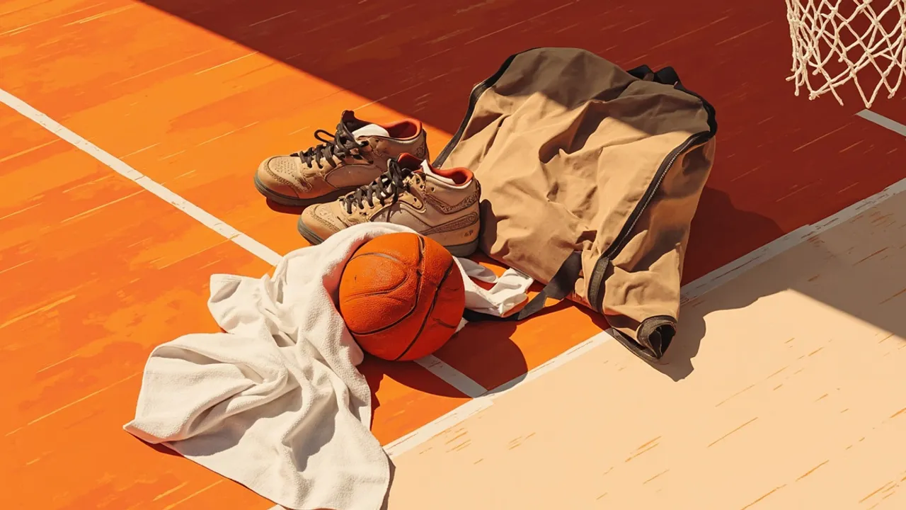 Une nature morte sur un parquet en bois : un ballon de basket solitaire avec une serviette, des sneakers, un sac de kit et un filet de panier détendu, évoquant une académie fermée.