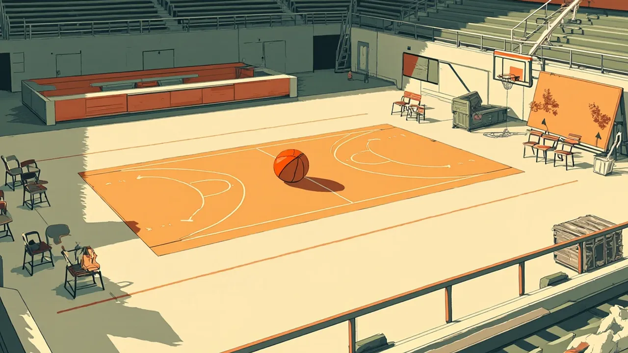 Empty basketball court with a single ball at center, scattered training gear in an open crate, and a padlock on the scorer's table, signalling a shuttered training academy.