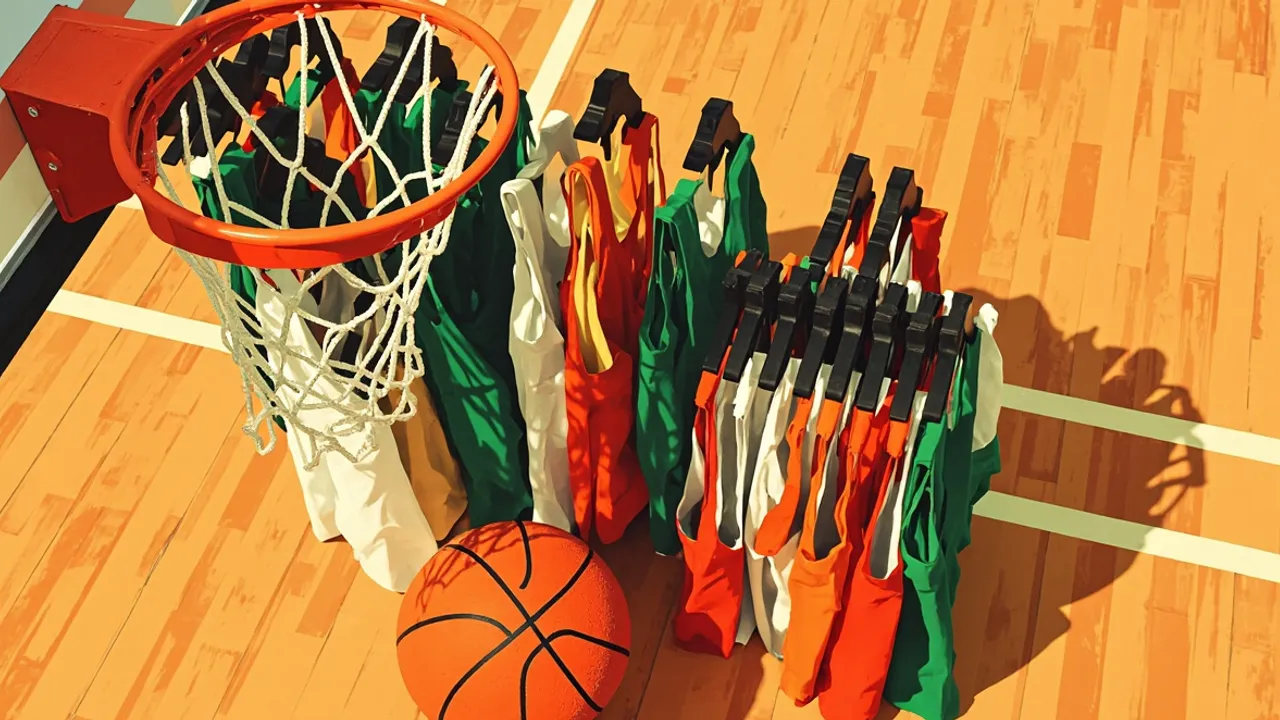 Un panier de basket-ball contient des dizaines de petits maillots sans visage aux couleurs africaines, au-dessus d’un grand ballon et de quelques maillots vides suspendus à des cintres, posés sur un parquet.
