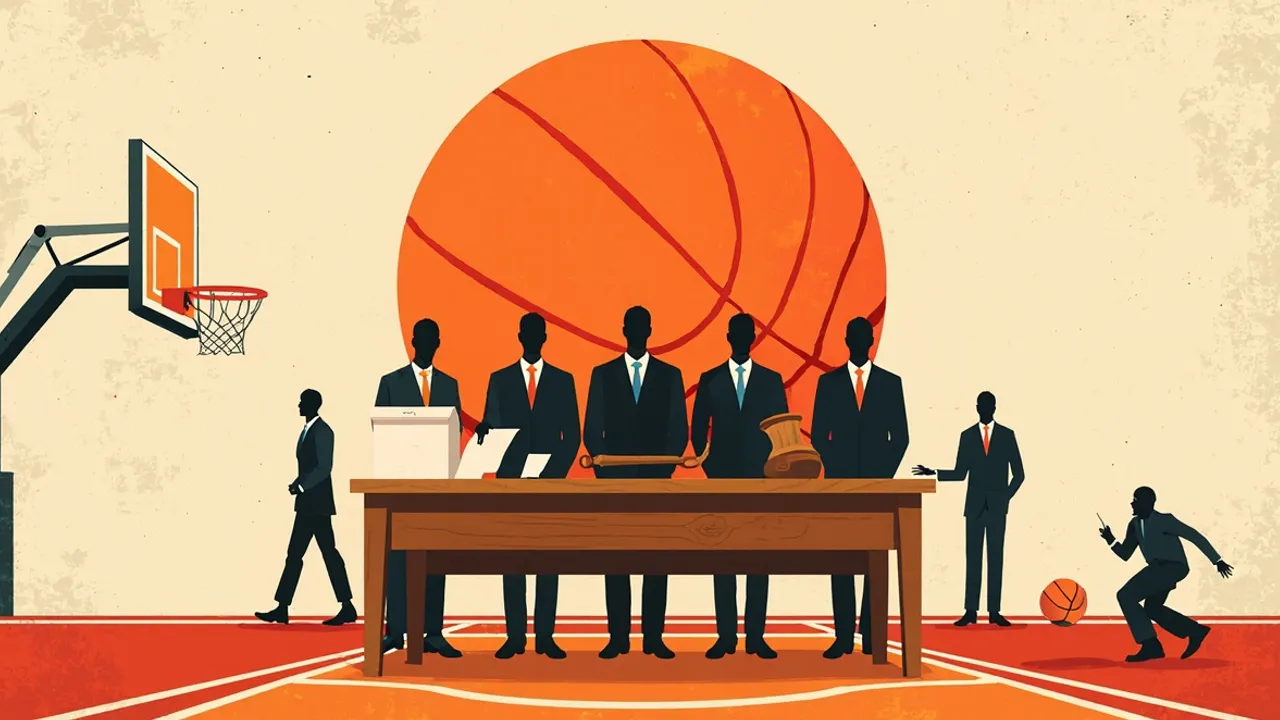 A basketball on a scorer's table next to a gavel, overlooking an empty indoor court with two hoops, symbolising a basketball federation election ruling.