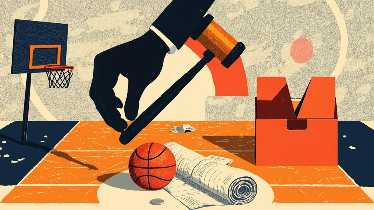 A gavel and bell lie on a scorer's table in front of a basketball hoop styled as a ballot box, on a green, white and black patterned background, evoking a disputed federation election.