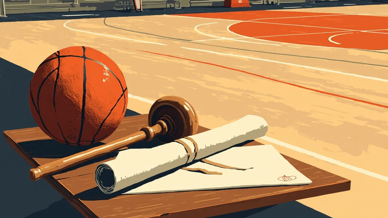 One polished gavel, one rolled scroll wey dem tie with ribbon, one leather basketball and one stamped folder dey on top wooden scorer table for front of empty indoor basketball court.