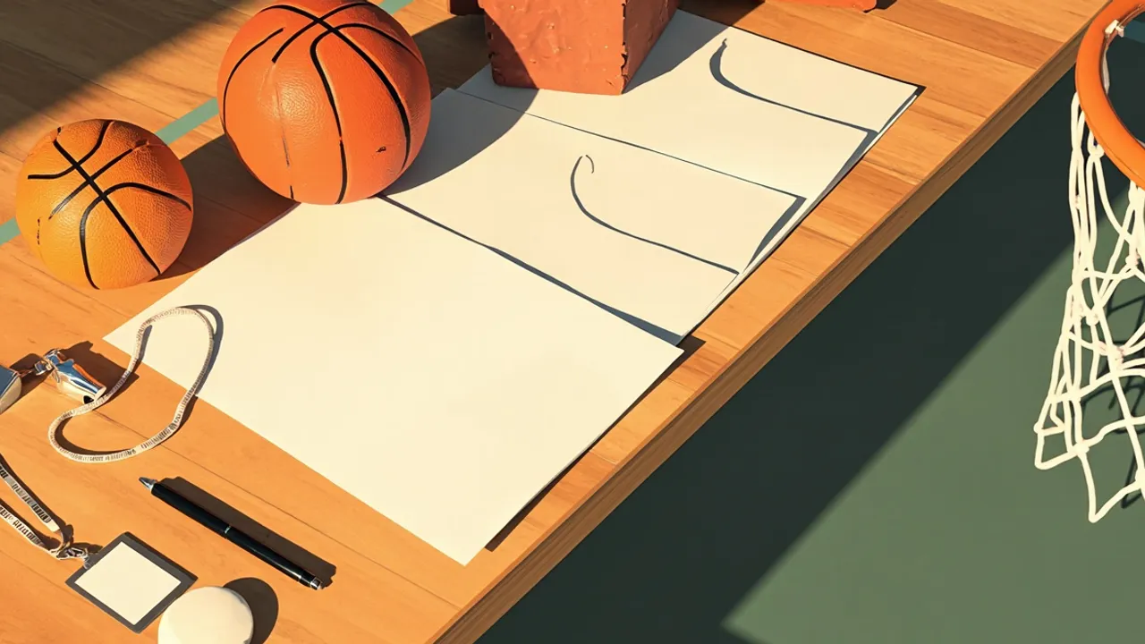 Overhead view of a hardwood table with three closed nomination folders, one basketball, a whistle, a pen, and a ballot box ready for a federation election.